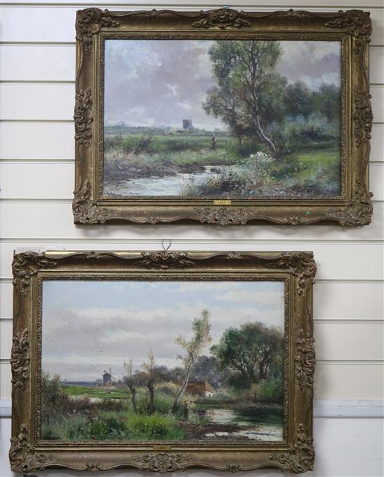Abraham Hulk Jnr. (1851-1922), pair of oils on canvas, Landscape near Cranleigh and Girl in river landscape, signed, 40 x 60cm